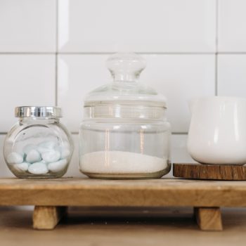 Bowl of sugar on a kitchen counter
