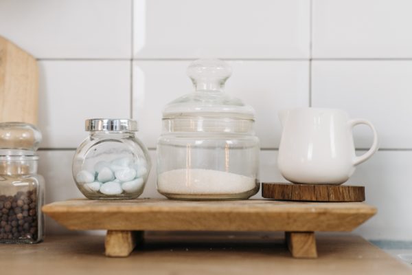 Bowl of sugar on a kitchen counter